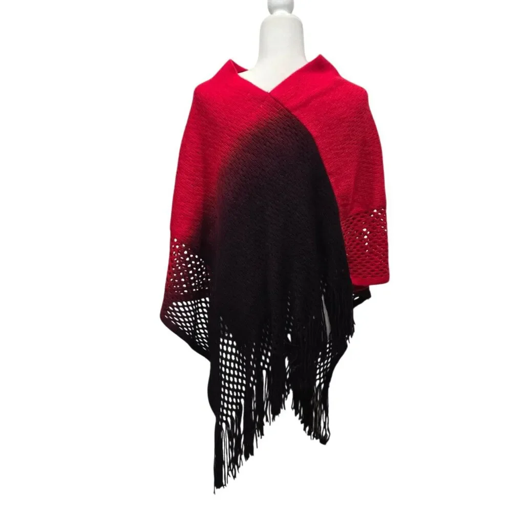 Sapphire Red Black Ombre Poncho Sweater Fringe Boho Western Waffle Knit
